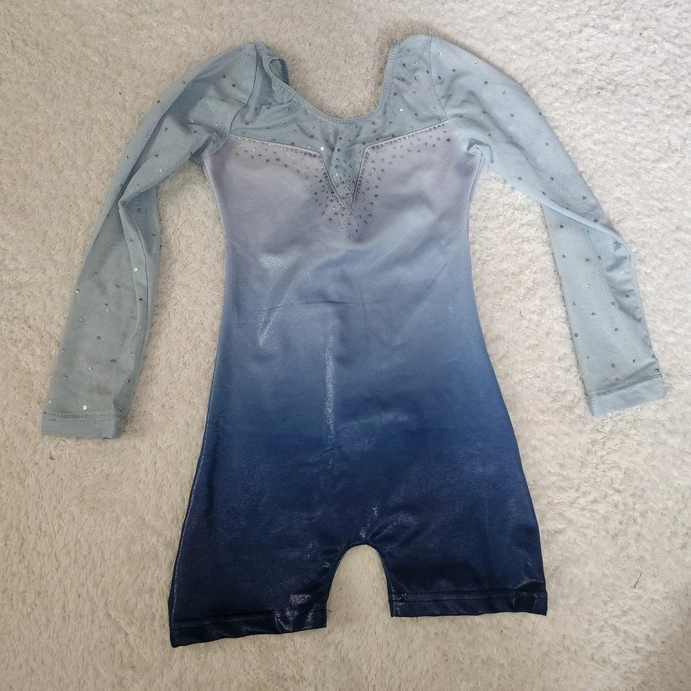 Girls Blue Ombre Rhinestone Long Sleeve Gymnastics Leotard Biketard Size 110